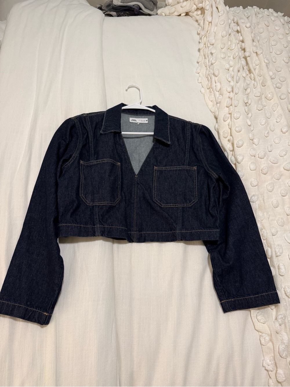 Zara Dark Indigo Cropped Denim Jacket with Patch Pockets